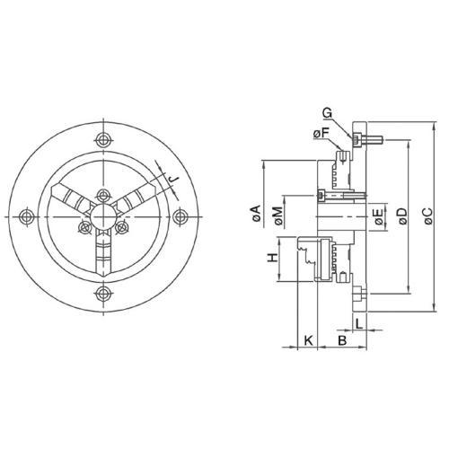 Tříčelisťové nerezové sklíčidlo extra ploché Ø 130 pro měřící přístroje, pevné
