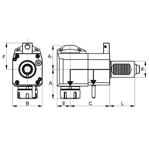 Nástroj s pohonem, DIN 5480, úhlový, krátký, pravý, VDI 30, ER 25, IC